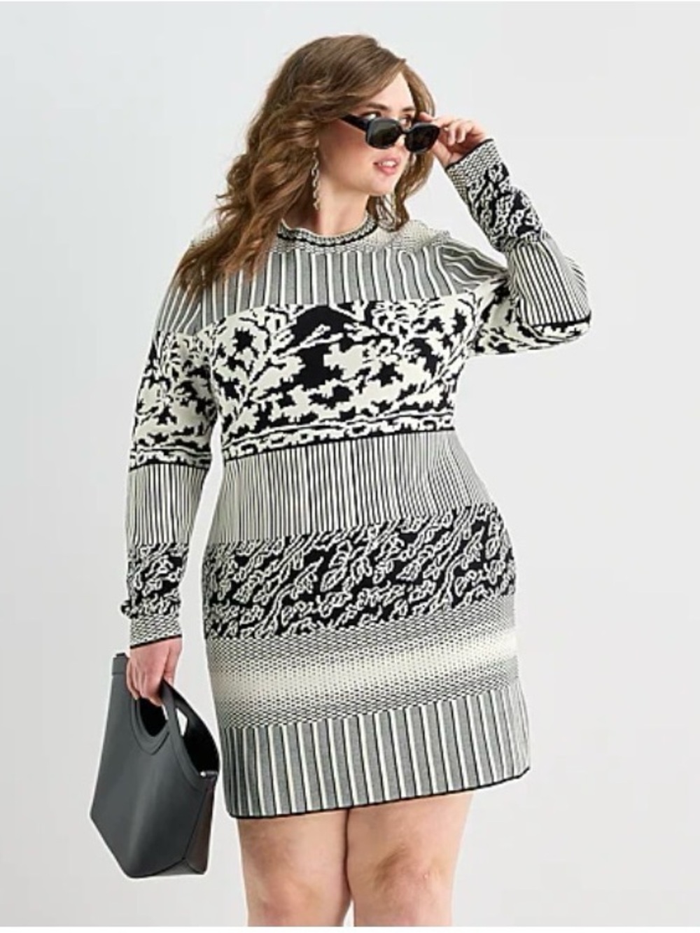 Ashley Graham Size 2X Crew Neck Long Sleeve Fitted Jacquard Bodycon Dress. New